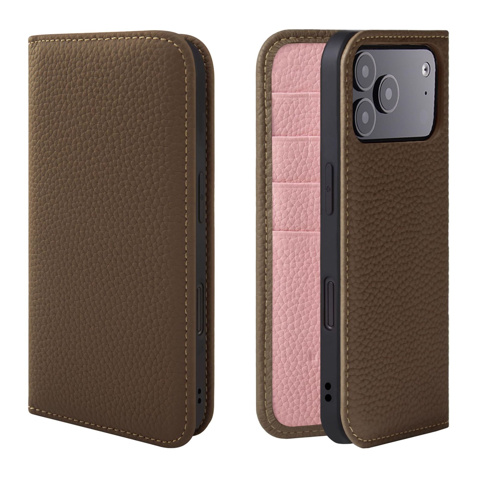 HANATORA iPhone用 17ProMax ケース 手帳型 本革 スマホケース スマホ スタンド コードホルダー 付き シュリンクカーフレザー ギフト マグネットなし トープ ピンク PH-17ProMax-Taupe-PK ギフト 誕生日ギ