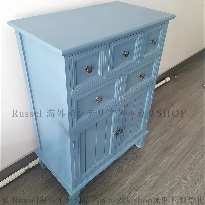 キャビネット 収納 引き出し 青 木製 幅60 奥行35 5段 北欧風