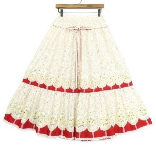 美品】ピンクハウス☆ドットと花柄のティアードスカート 白×赤系 前