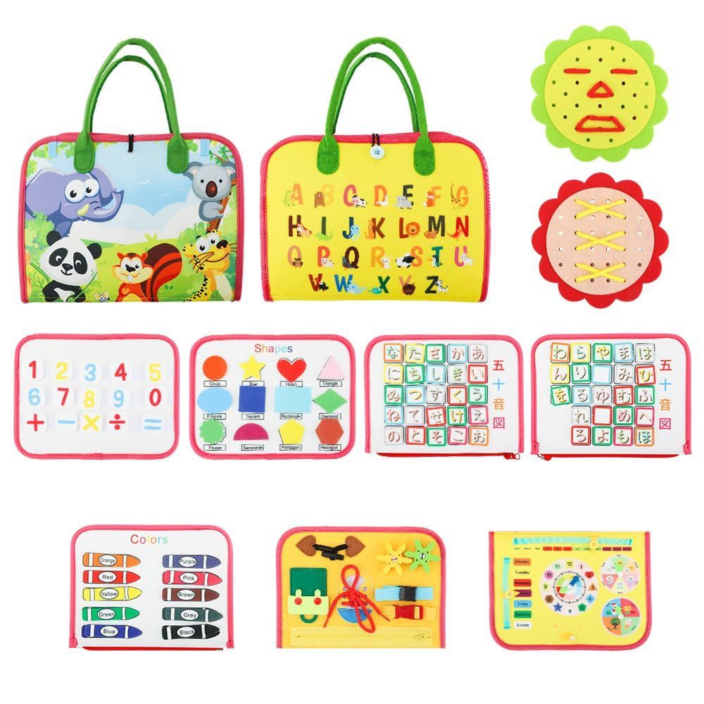 FlyCreat モンテッソーリ 玩具 おもちゃ 知育玩具 五十音図 幼児忙しいボード 動物 ヒマワリ紐おもちゃ2枚付き 男の子 女の子 幼児 指先の知育 布おもちゃ 布のおもちゃ 布絵本 紐通し 紐結び 