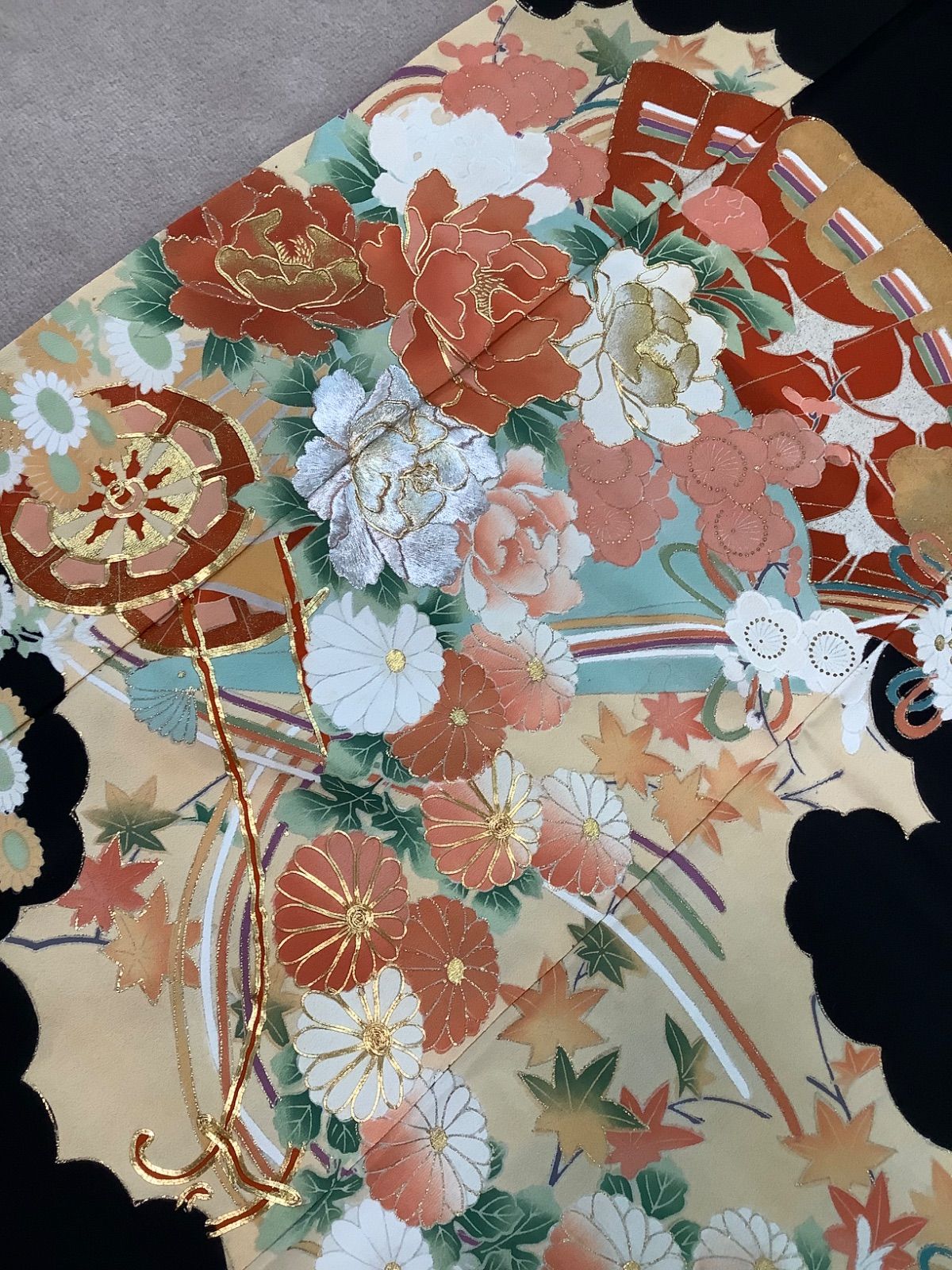 正絹 黒留袖 リメイク用 着物 金駒 刺繍 扇 鶴 梅 3枚セット