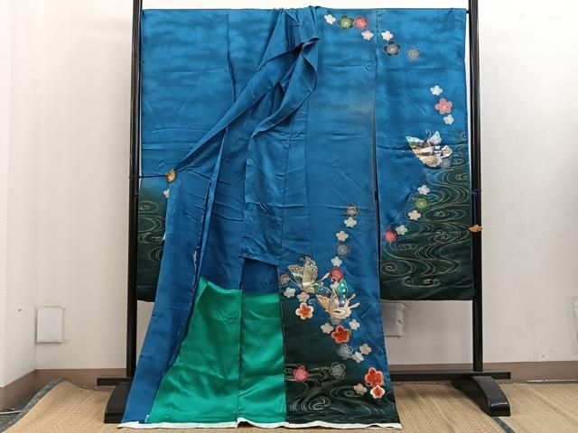 平和屋着物□豪華振袖 駒刺繍 舞蝶花文 暈し染め 金銀彩 仮絵羽
