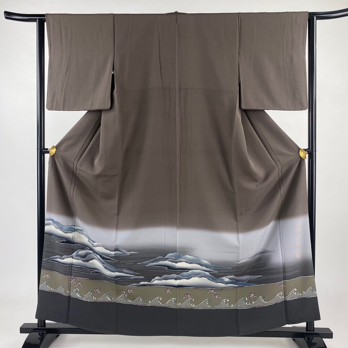 色留袖 身丈160cm 裄丈62cm S 袷 草野一騎 落款 雲海 舟 茶紫 正絹 名品