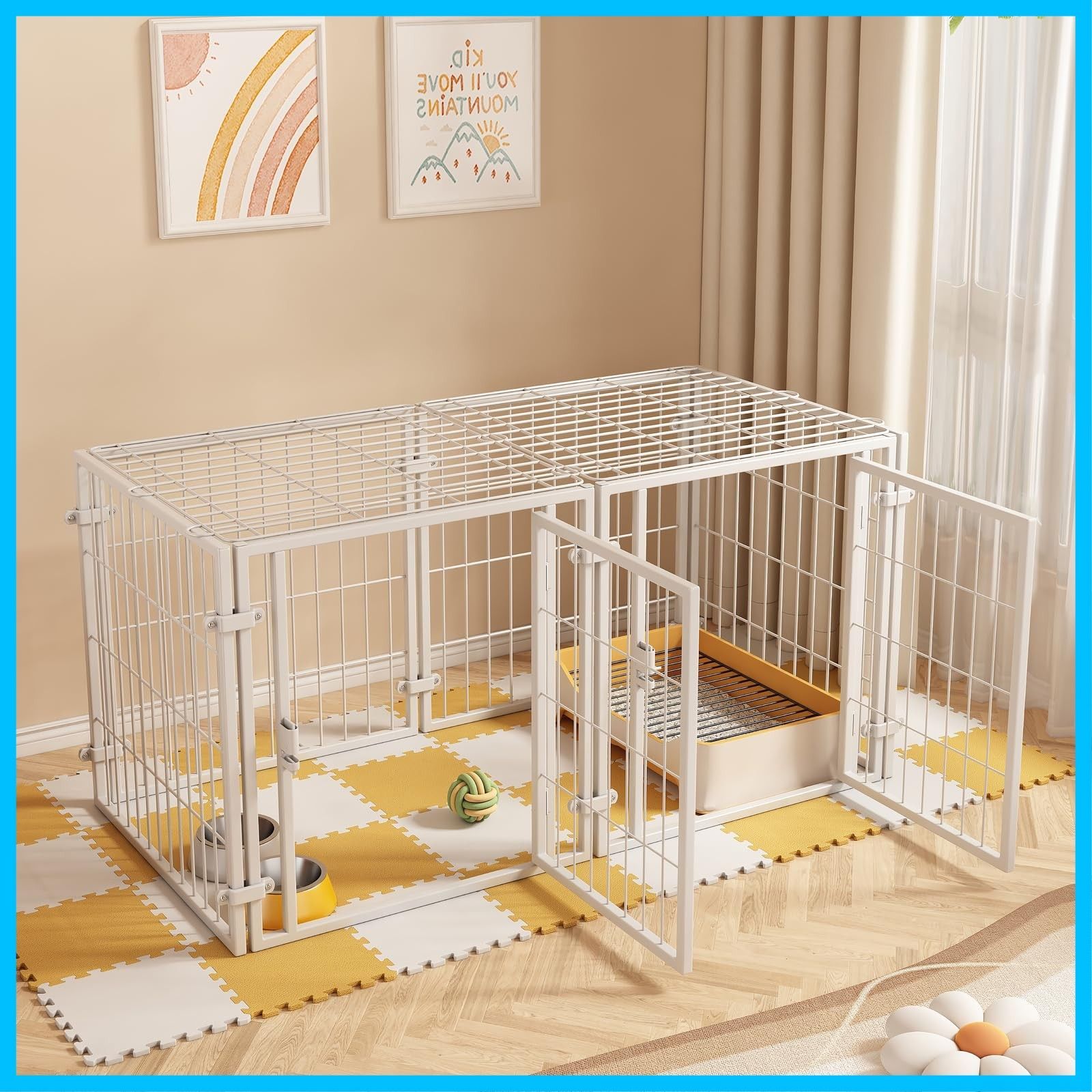 サークルケージドア付き サイズ 120x60x70CM 屋根面付き 2つのドア 組立簡単 犬 レイアウト自由 トイレトレーニング 脱走防止 犬 自立 ケージ 犬用 ペットフェンス 小型犬 中型犬 大型犬 ゲージ ペット用品 DIY 室内外兼用 ペットサー