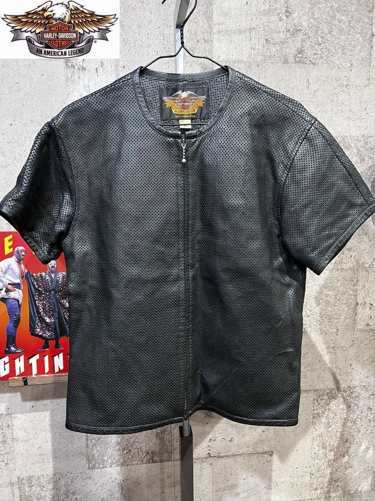 ハーレーダビッドソン 半袖 パンチングレザー ジャケット 黒 L メンズ HARLEY DAVIDSON ライダース メッシュ