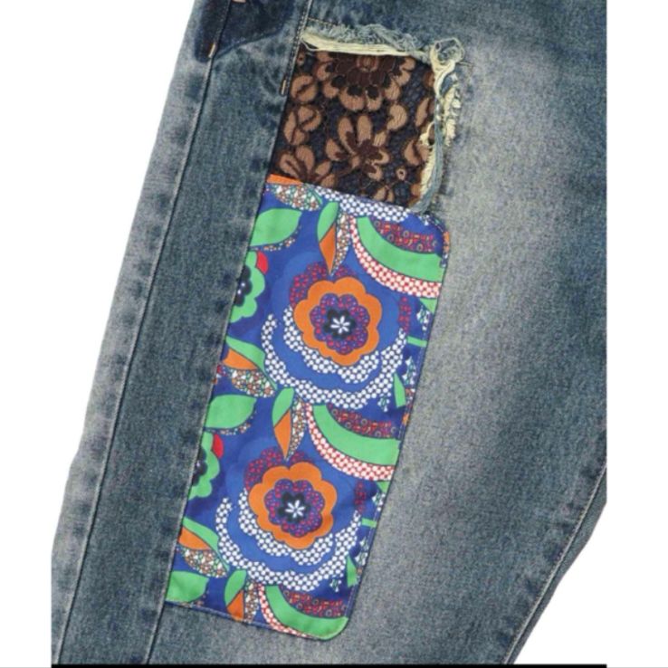 綿×レース異素材アップリケデニムパンツ