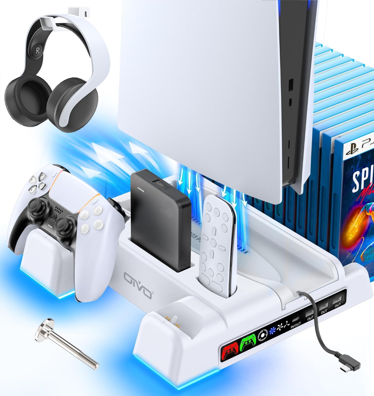 人気商品】ヘッドセットフック LED充電指示ランプ PS5冷却ファン 2台 