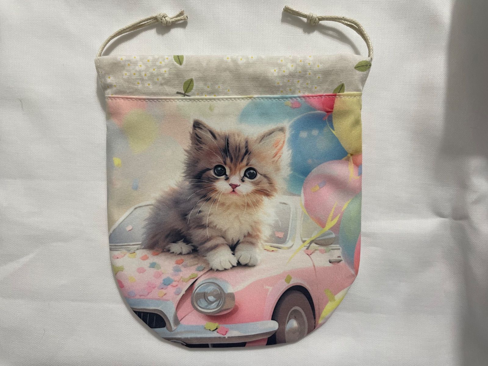 バルーン巾着 風船巾着 巾着ポーチ 乗り物ねこちゃん 両面パネル