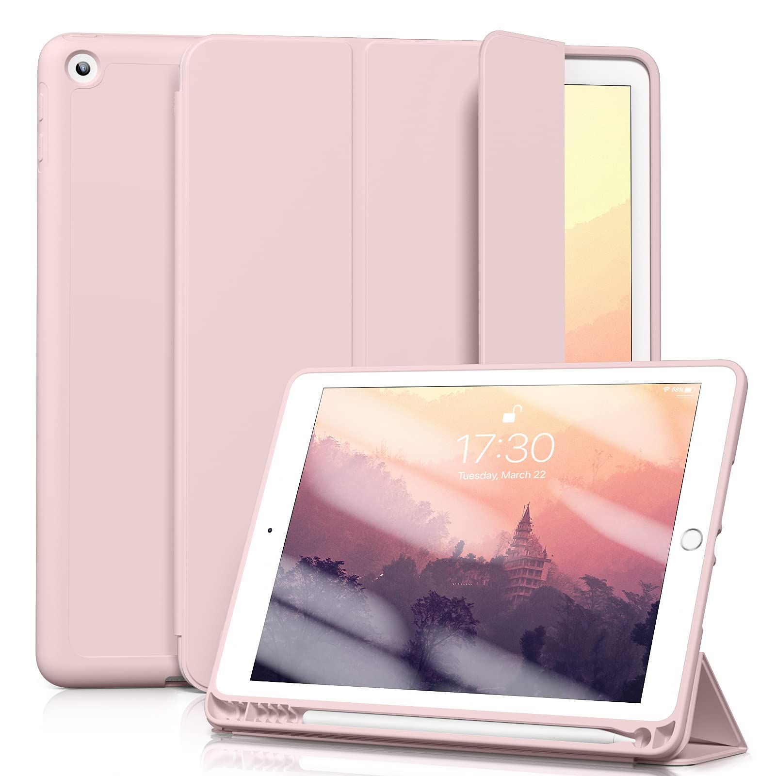 第6世代 (2018/2017) 第5 ケース オートスリープ/ウェイク機能対応 Apple インチ Pencilペン収納・ホルダー付 スマートカバー 9.7 ソフト TPU 薄型 iPad 軽量 耐衝撃 Aoub 三つ折りスタンド (ピンク)