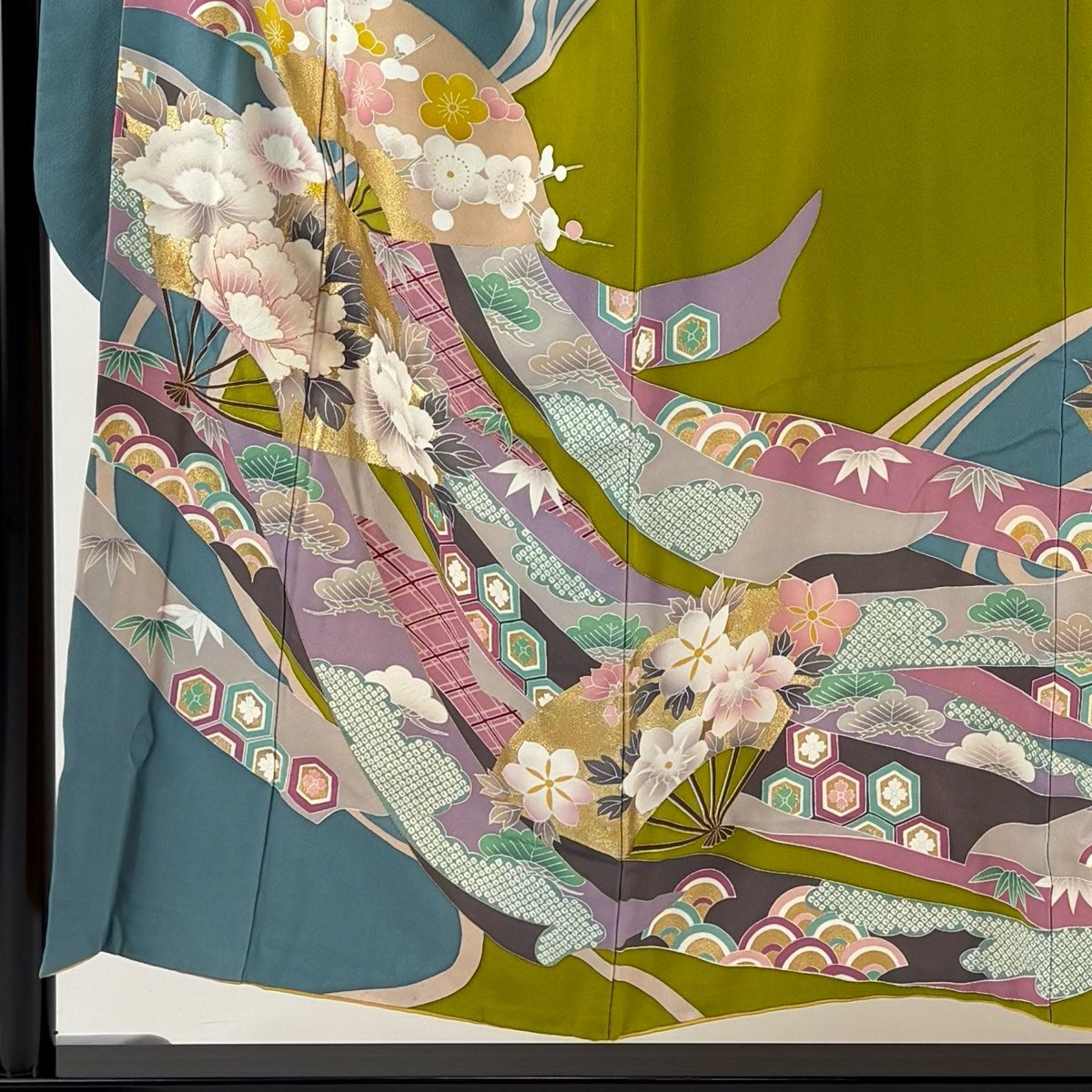 振袖 身丈152.5cm 裄丈65cm M 袷 扇 松竹梅 金銀彩 染め分け 青