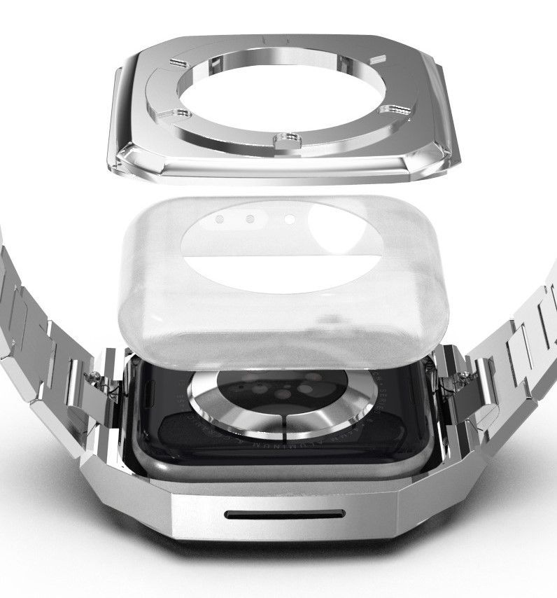 通販価格Apple Watchバンド一体型ステンレスハードケースベルト44mmシルバー 金属ベルト