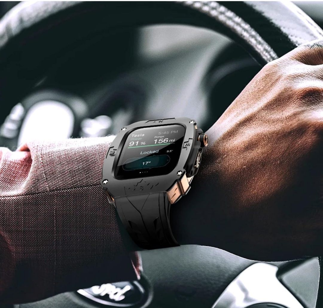 ★YiMingSun Apple Watch用メタルケース Apple Watchシリーズ9 8 7 45mm用 メンズ 頑丈なケース バンパー 頑丈なメタルカバー バンド付き iWatch 6 5 4 SE 44mm用 (ブラック - ローズゴールド)
