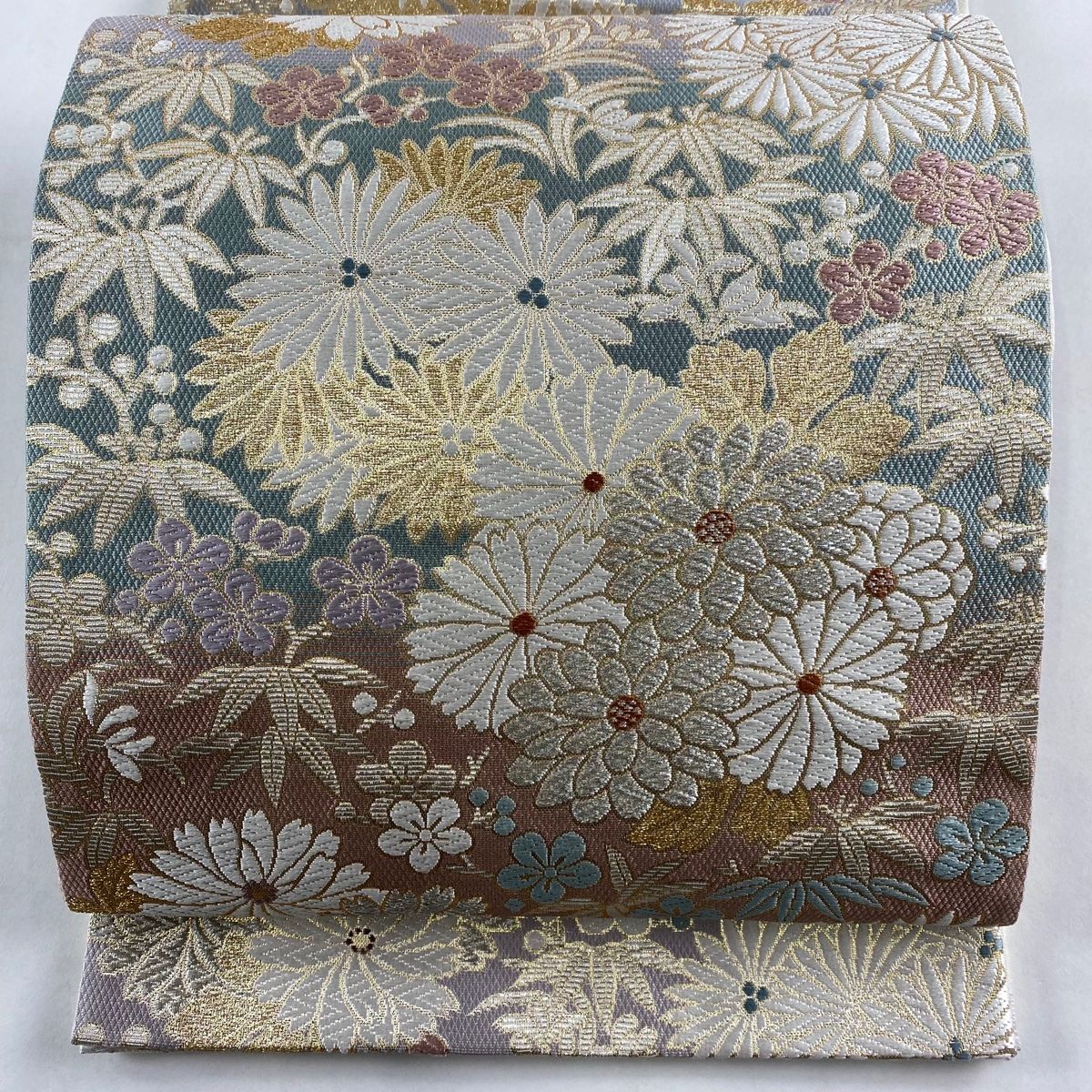 袋帯 名品 鈴乃屋 金華山織双図全通 菊 梅 金銀糸 箔 薄紫 お太鼓柄 正絹