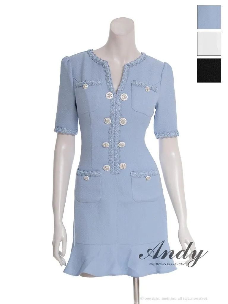 ブルーS OF05 OK2962-B-2507 ANDY|アンディ パイピング| ビジューボタン| デザインポケット| 半袖| 袖あり| マーメイド| ミニドレス| キャバドレス