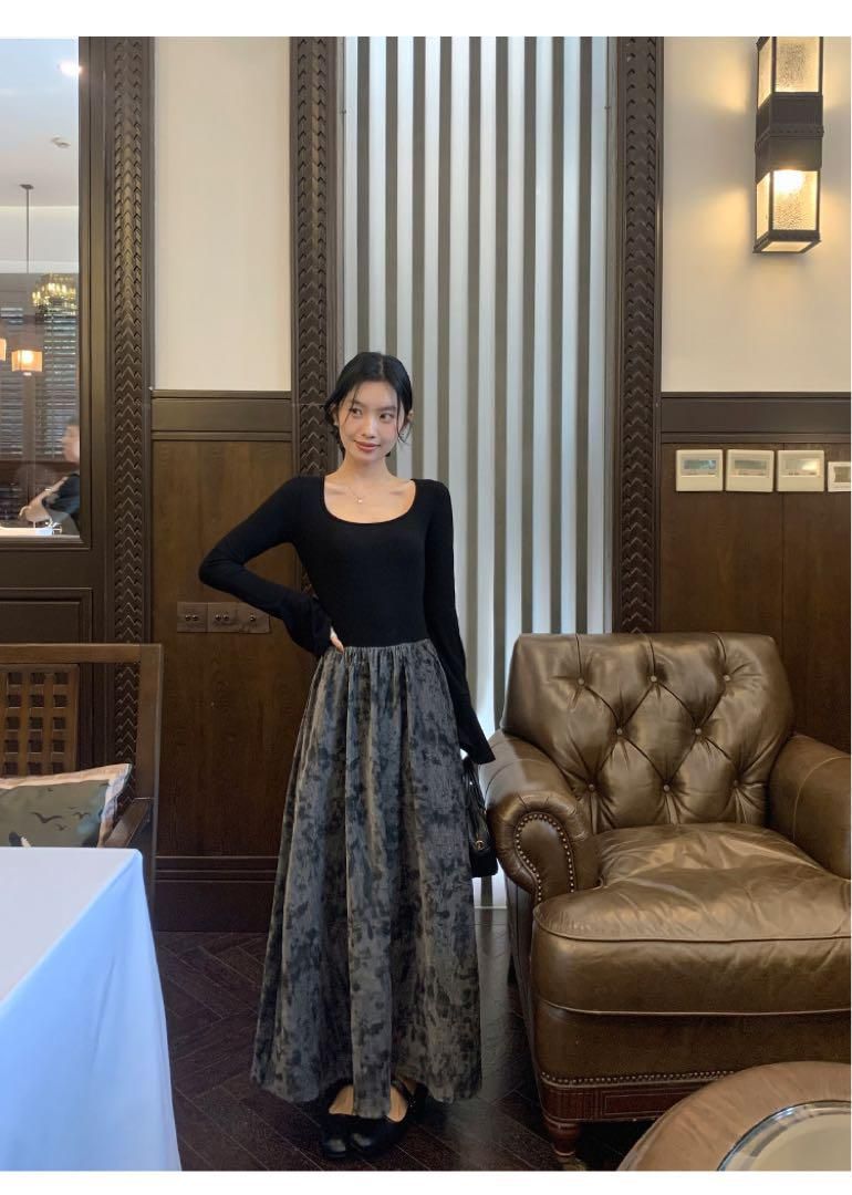 春コーデ 花柄ニットロングワンピース