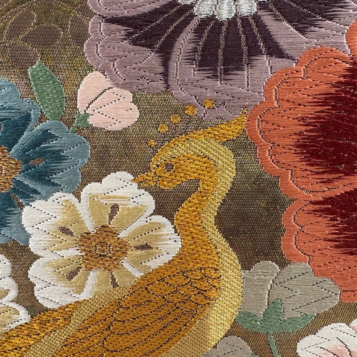 競ナビ】 袋帯 美品 秀品 尾長鳥 花唐草 刺繍 金糸 灰緑 六