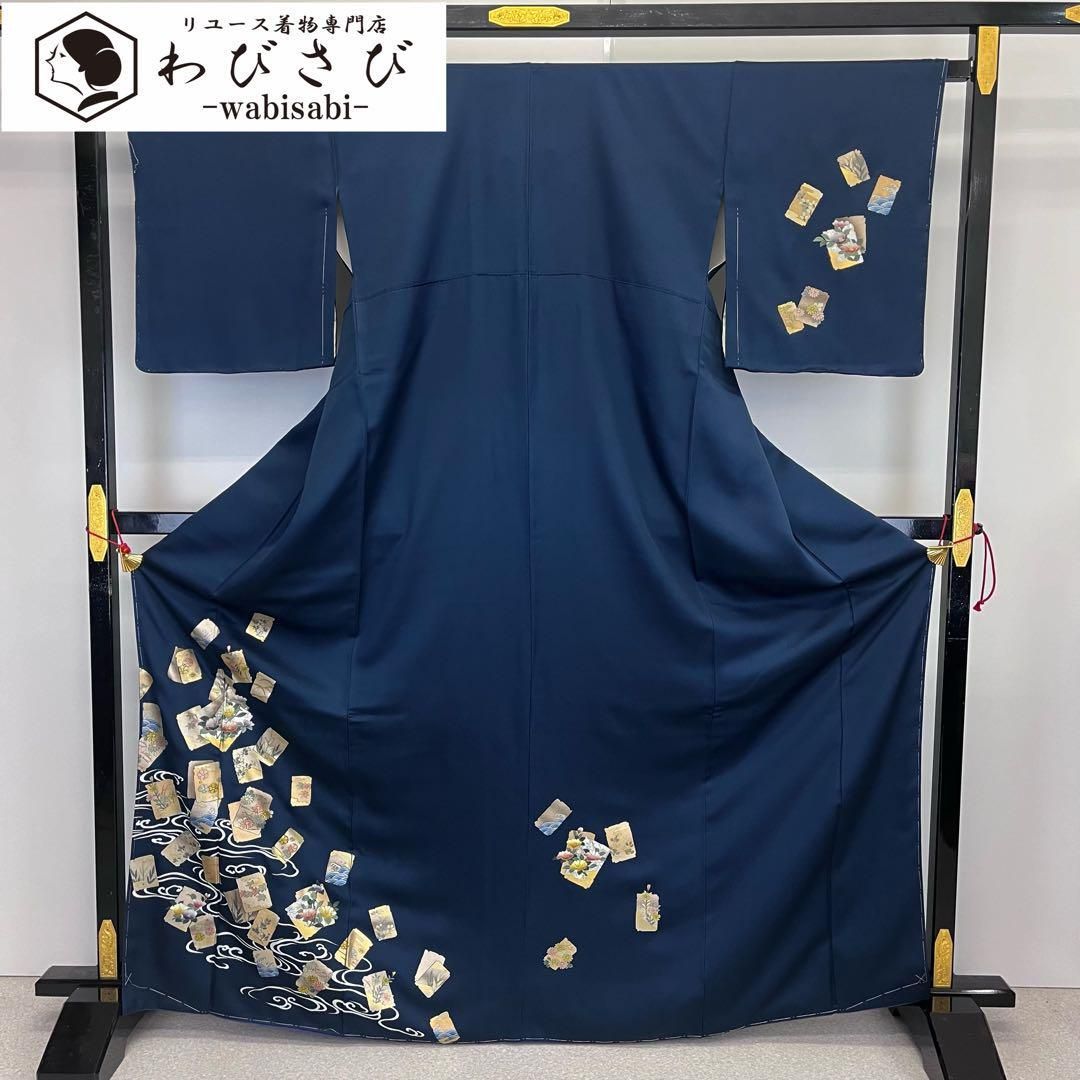 付下げ 四角の中に花模様 流水 椿 菊 萩 金駒刺繍 濃紺色 K-3851  