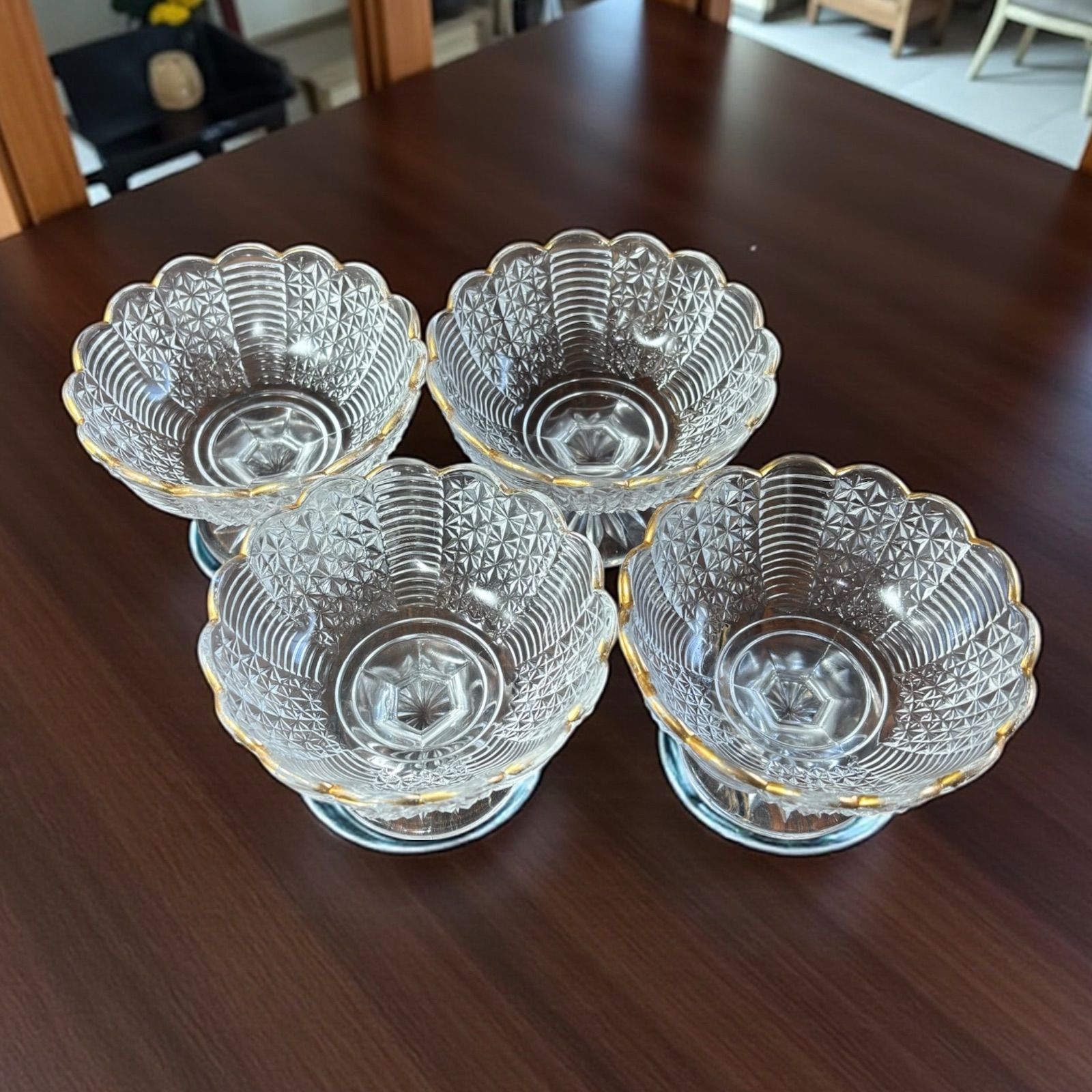 4客セット】純喫茶 麻の葉高台小鉢 金縁 ガラス デザートボウル