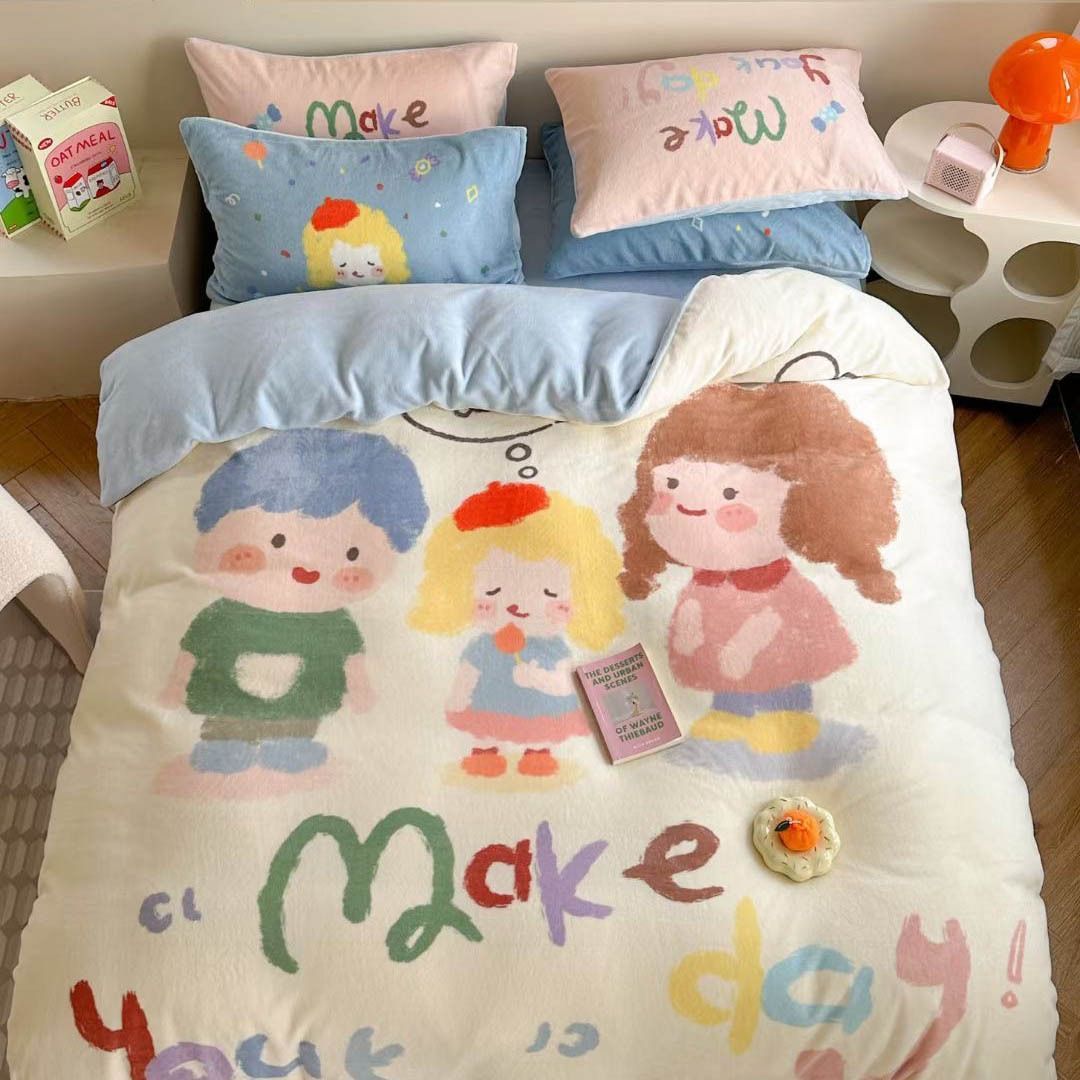 ソフト 230 グラムミルクベルベットハイグラムヘビー版プリント 4 ピース漫画の寝室推奨子供用ベッドシーツ