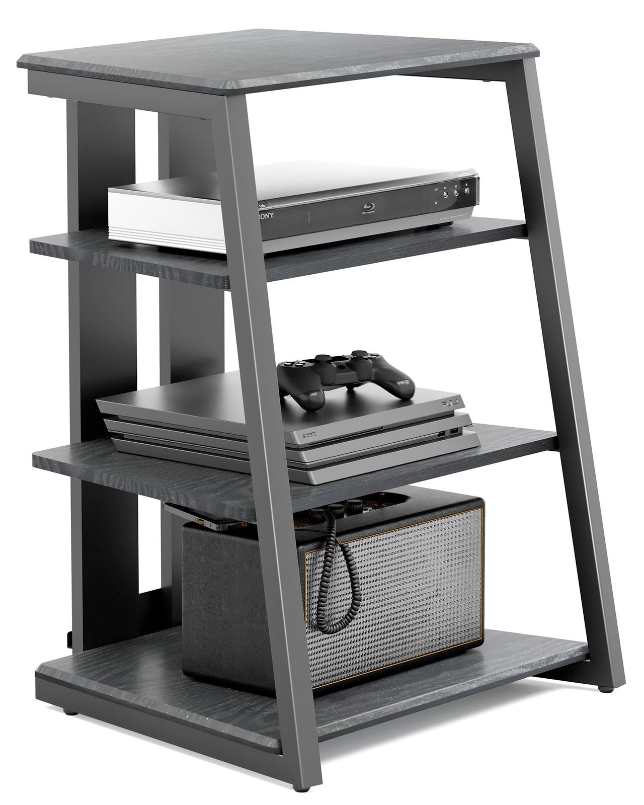 FITUEYES DESIGN オーディオラック インテリア 台形 木目調仕上棚板 AV ラック スチール製フレーム 裏面配線 ピッチ調整可 ブラック エッフェルシリーズ F07F4062B