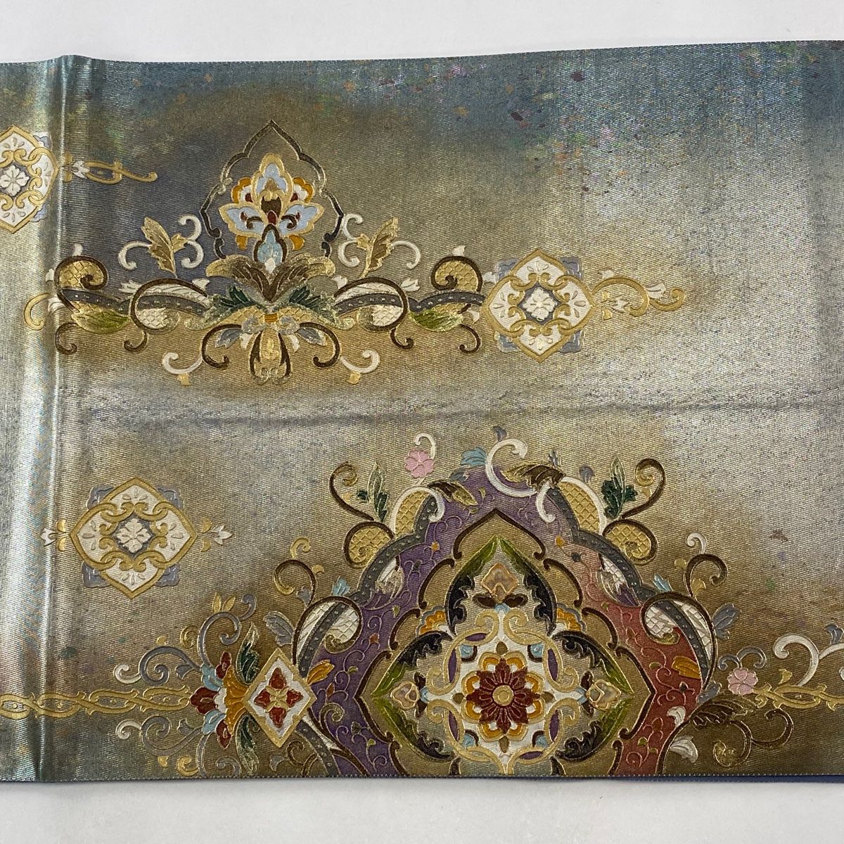 美品 袋帯 秀品 関西仕立て 草花 花菱 金糸 刺繍 青灰色 六通 正絹