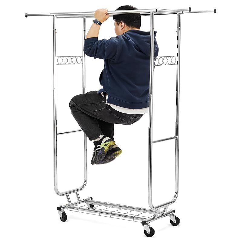 HOKEEPER ハンガーラック パイプハンガーラック 耐荷重150KG 業務用 大容量 収納ラック 物干し スタンド 洋服ハンガー 衣類収納 棚付き 縦横伸縮 高さ調節 シルバー 0