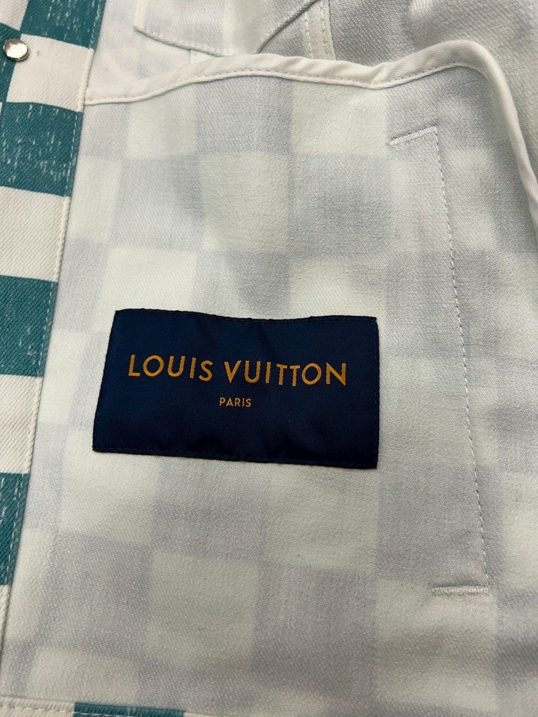 Louis Vuitton　デニムジャケット　ホワイトグリーン　ダミエ　コットン Louis Vuitton デニムジャケット ホワイトグリーン ダミエ