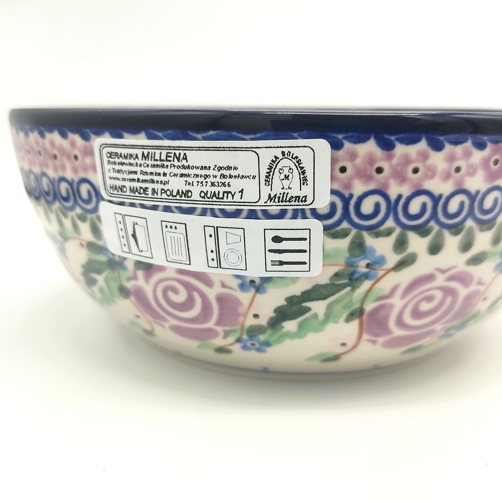 直径18cm　容量1L　大ボウル　紫のバラ模様　ツェラミカミレナ　ポーランド食器　ポーリッシュポタリー　Ceramika Millena　どんぶり　U27V　オーブン/電子レンジ/食洗機対応