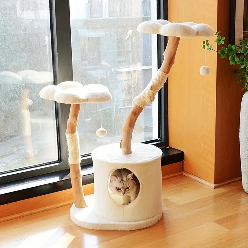 花形 キャットツリー キャットタワー もこもこ 猫ベッド 猫ハウス かわいい 心地良い 多頭飼い 家具付きソリッドウッド 屋内用 猫引っかきポスト 踏み台