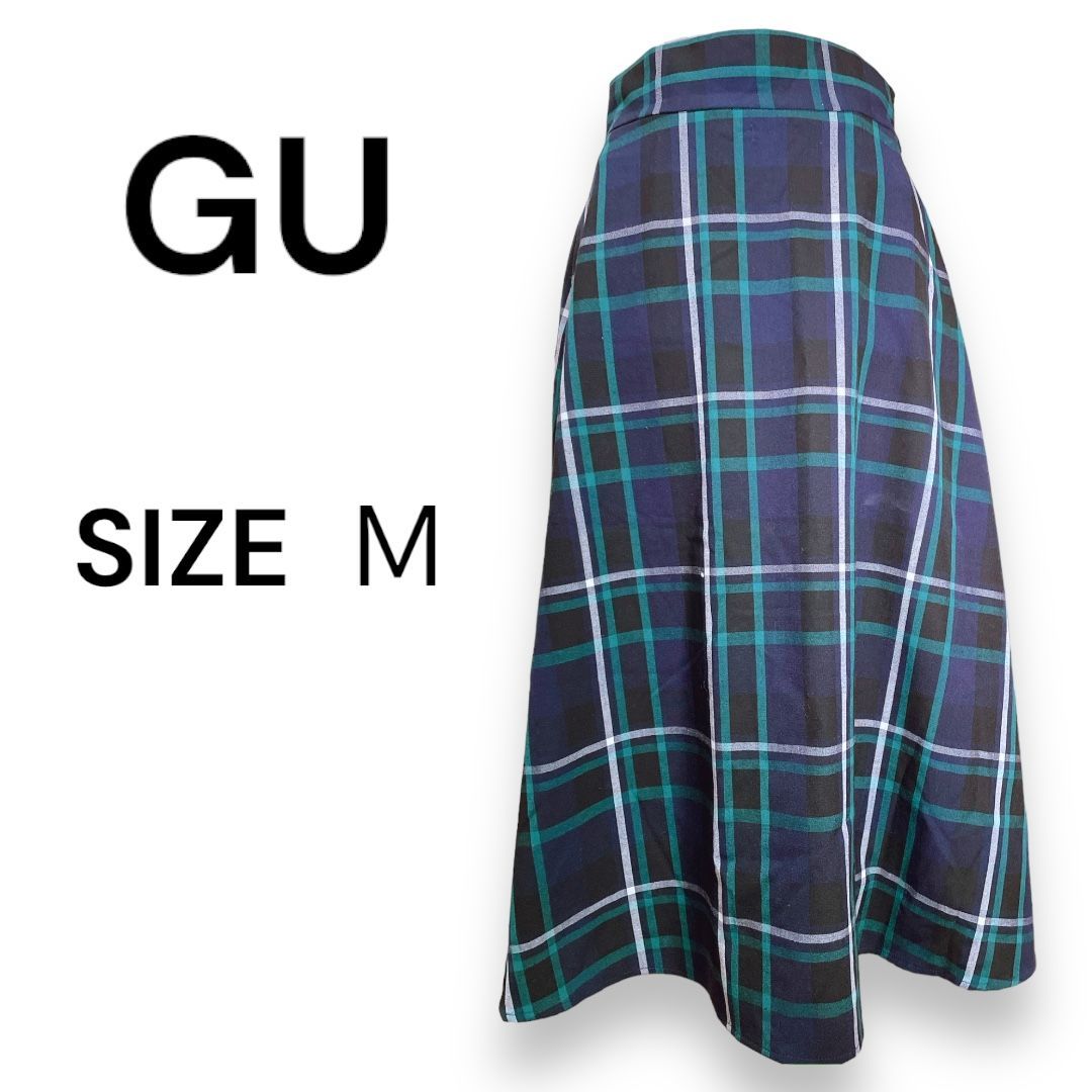 GU 紺チェックフレアースカート - ロングスカート