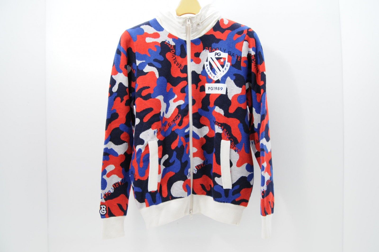  レディース パーリーゲイツ PEARLY GATES ニットアウター 1(M) 赤/紺/青 長袖 裏地付き カモフラ