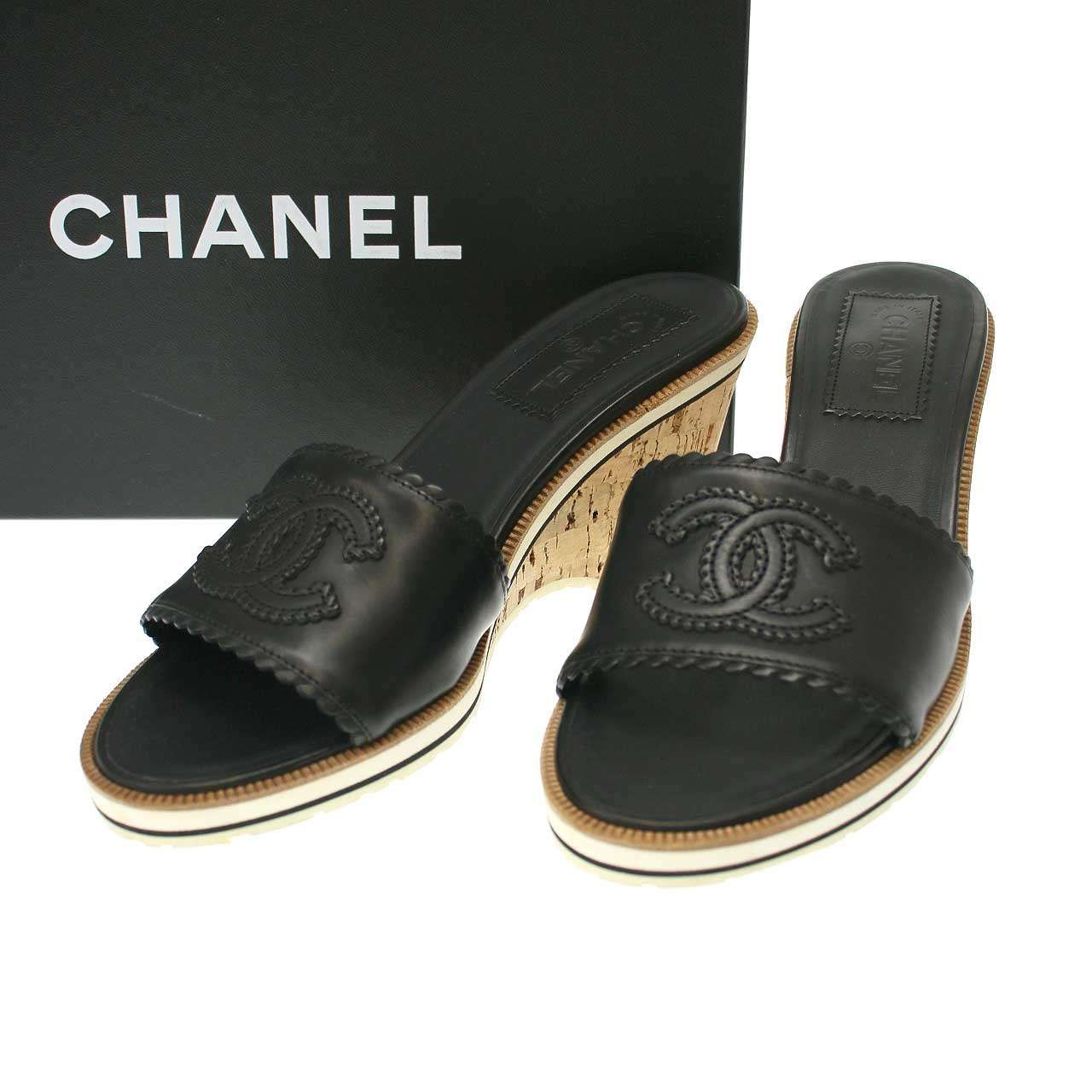 CHANEL シャネル コルクウェッジソールココマークレザーサンダル