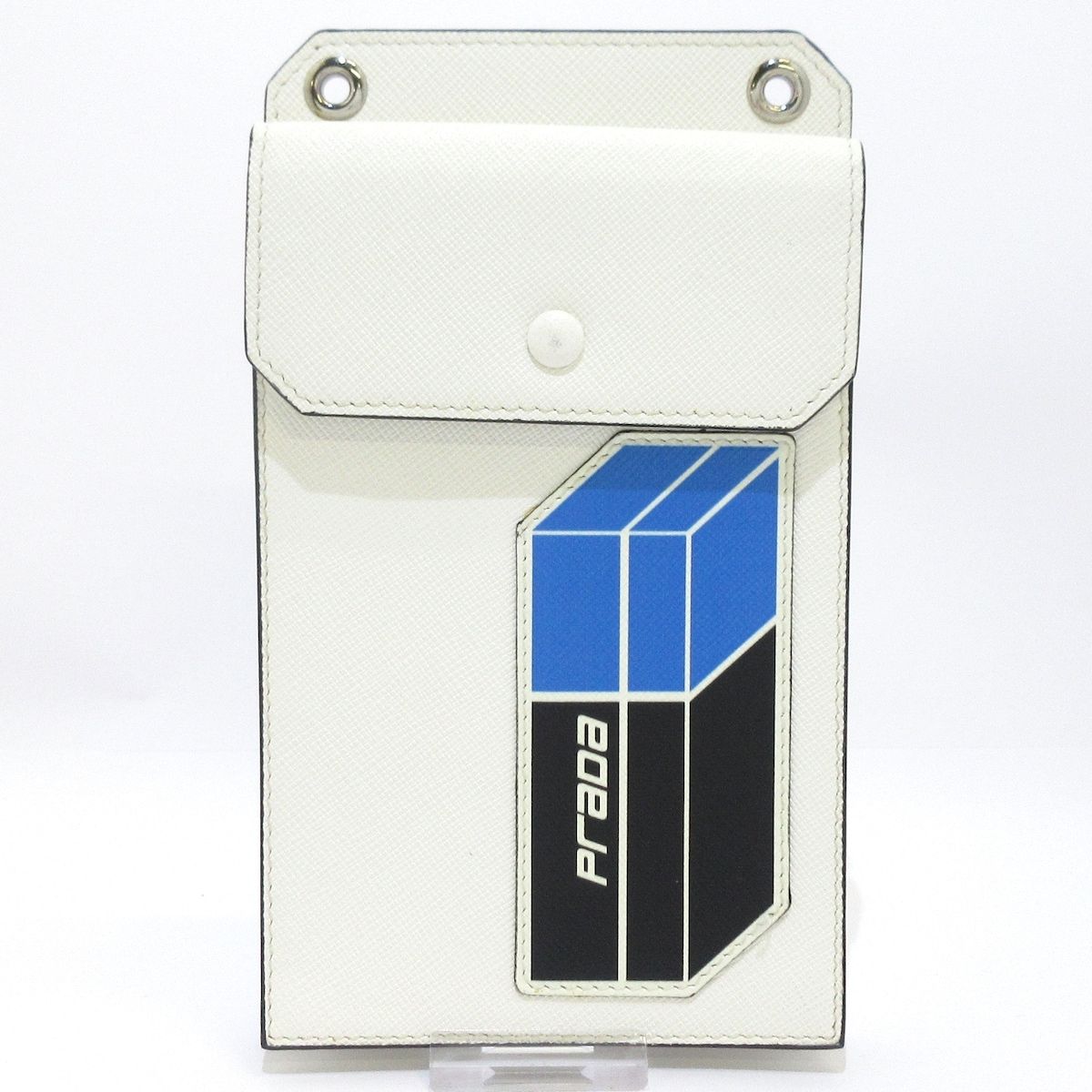 PRADA プラダ 携帯電話ケース - 白×ブルー×黒 スマホケース|パスケース付き レザー