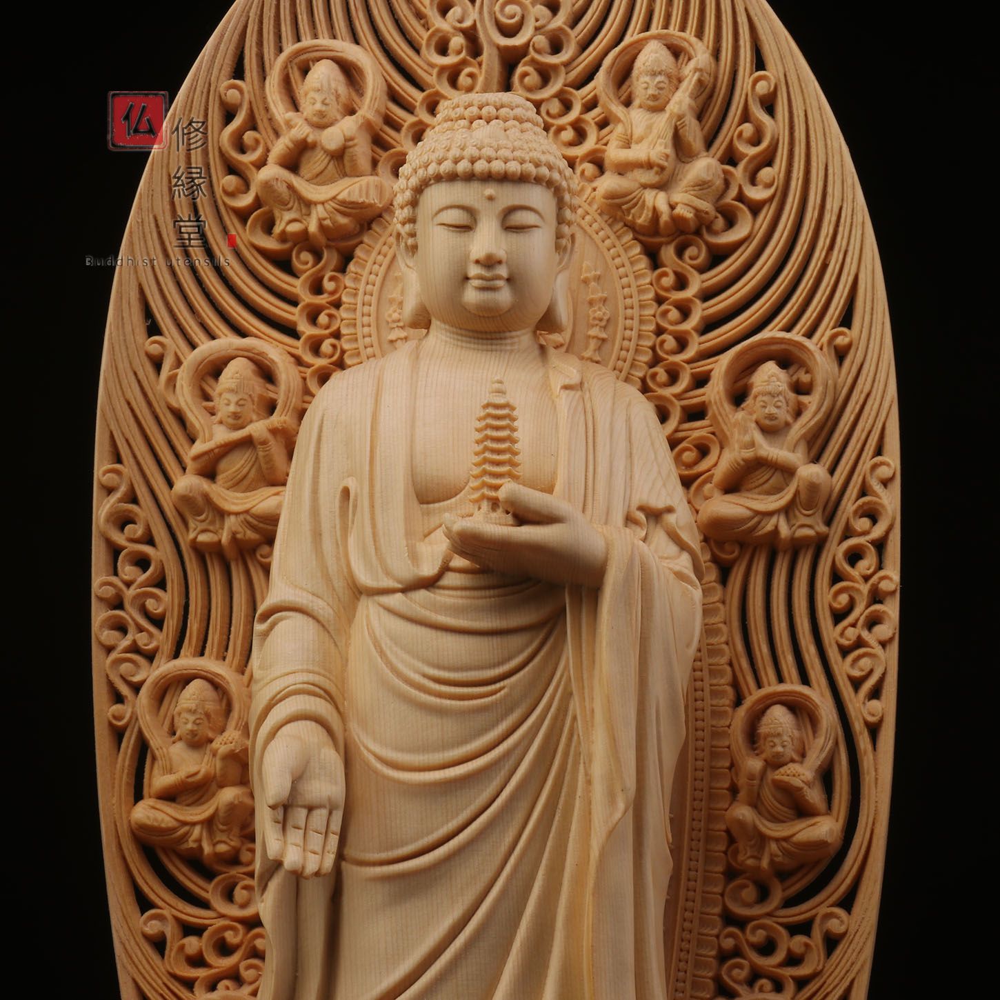 修縁堂】最高級 木彫り 仏像 薬師如来三尊立像 彫刻 一刀彫 天然木檜材