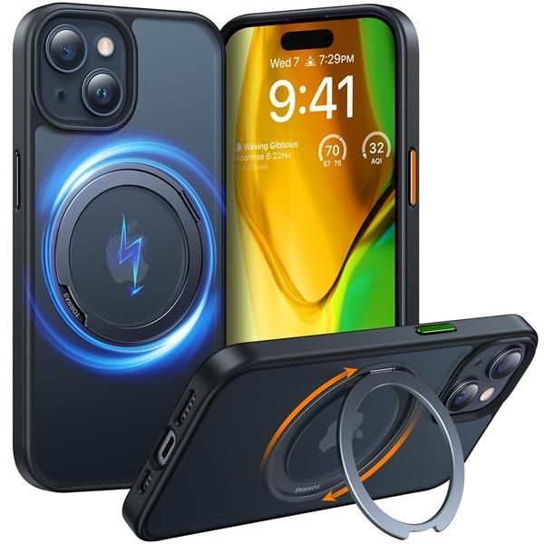iPhone 13/14 用_ブラック 【多機能360度回転スタンド・4代目】TORRAS いphone14 用 ケース iphone13 用 ケース 縦横両対応 リング Halbachマグネット搭載 MagSafe対応 ワイヤレス充電対応 米軍MIL規格 耐