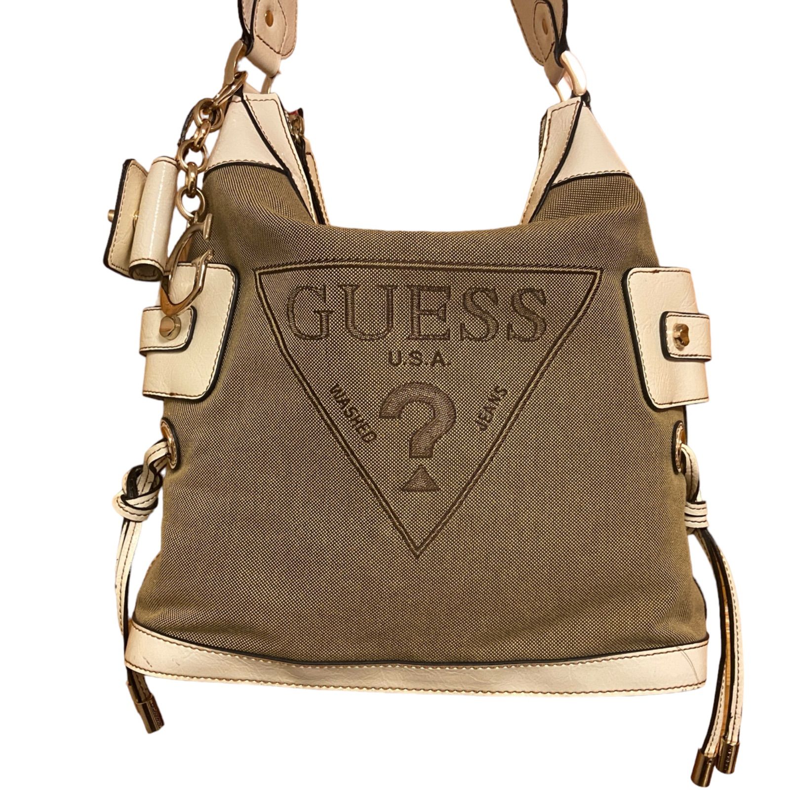 ☆GUESS?☆ ゲス キャンバス レザー ハンド ショルダーバッグ チャーム