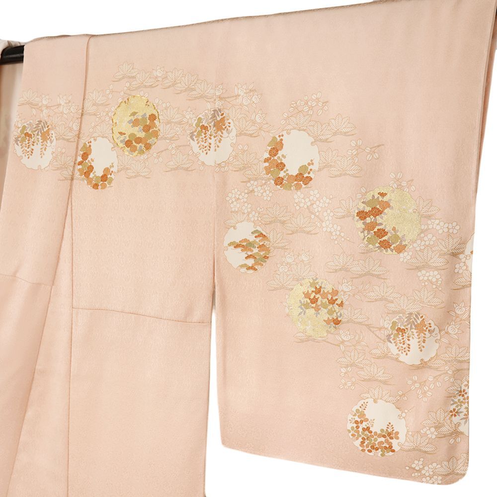 訪問着 正絹 中古 重ね衿付き 本加工手描き友禅 一つ紋 ピンク 雪輪 橘