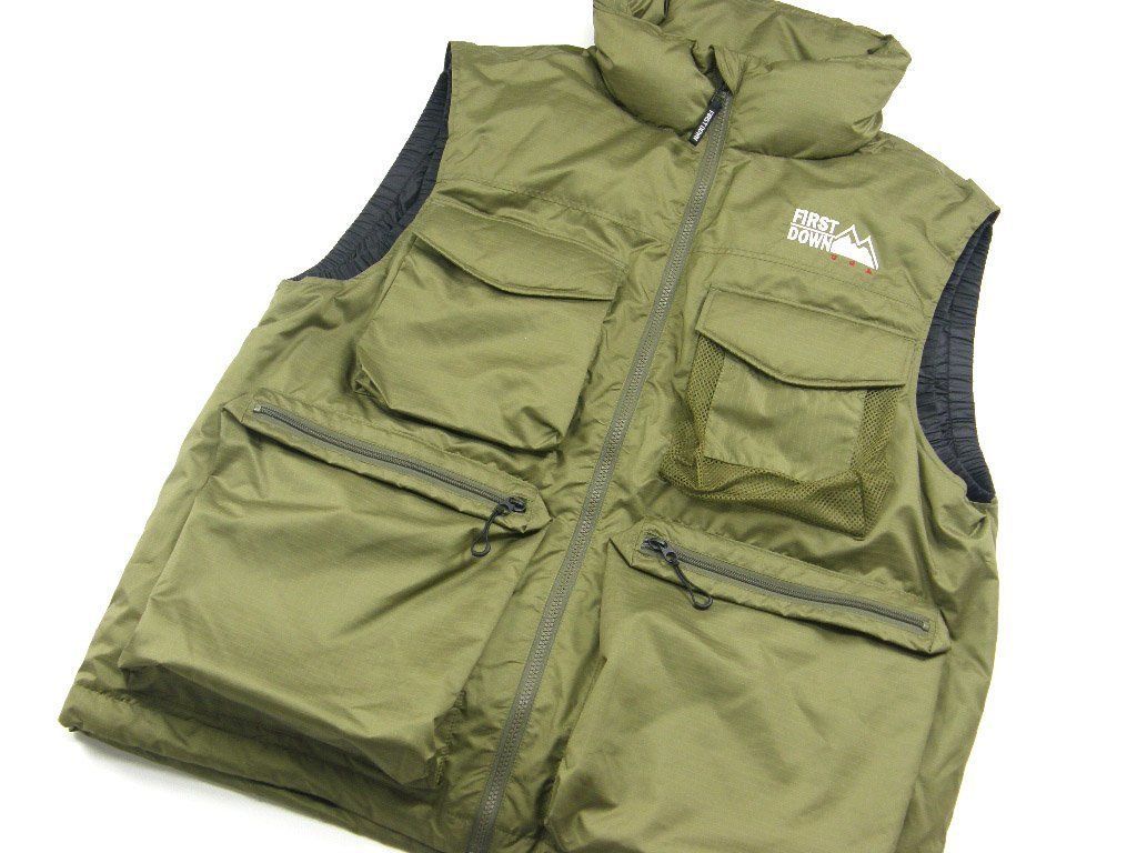 FIRST DOWN ファーストダウン 軽量 ダウンベスト MULTI POCKET DOWN VEST DICROS MAURI RIP 撥水 透湿 防風 ディクロス マルチポケット オリーブ ｜ 秋冬