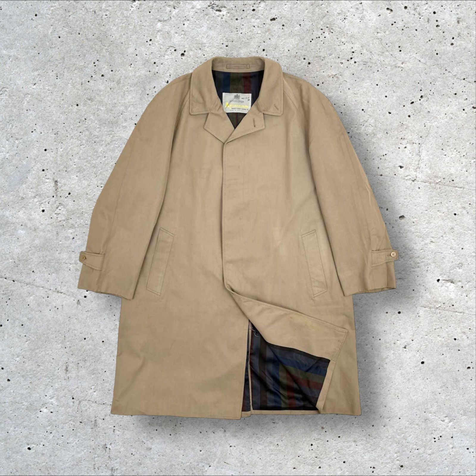 イングランド製 70s 80s ヴィンテージ Aquascutum Aqua5 裏ストライプ バルマカーンコート ステンカラーコート SHORT 42