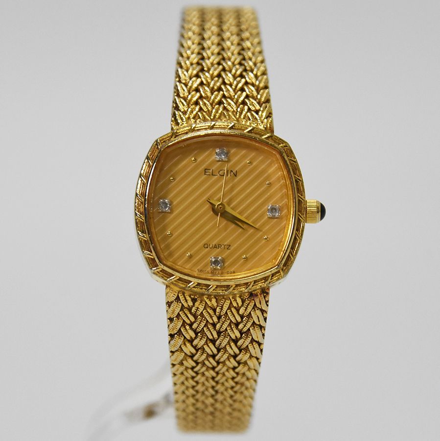 ABランク】ELGIN エルジン レディース 4Pダイヤ 腕時計 ゴールド