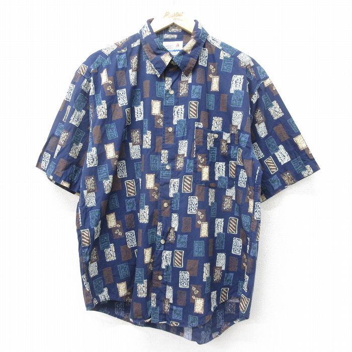 L/古着 半袖 シャツ メンズ 総柄 紺他 ネイビー 24aug09 中古 トップス