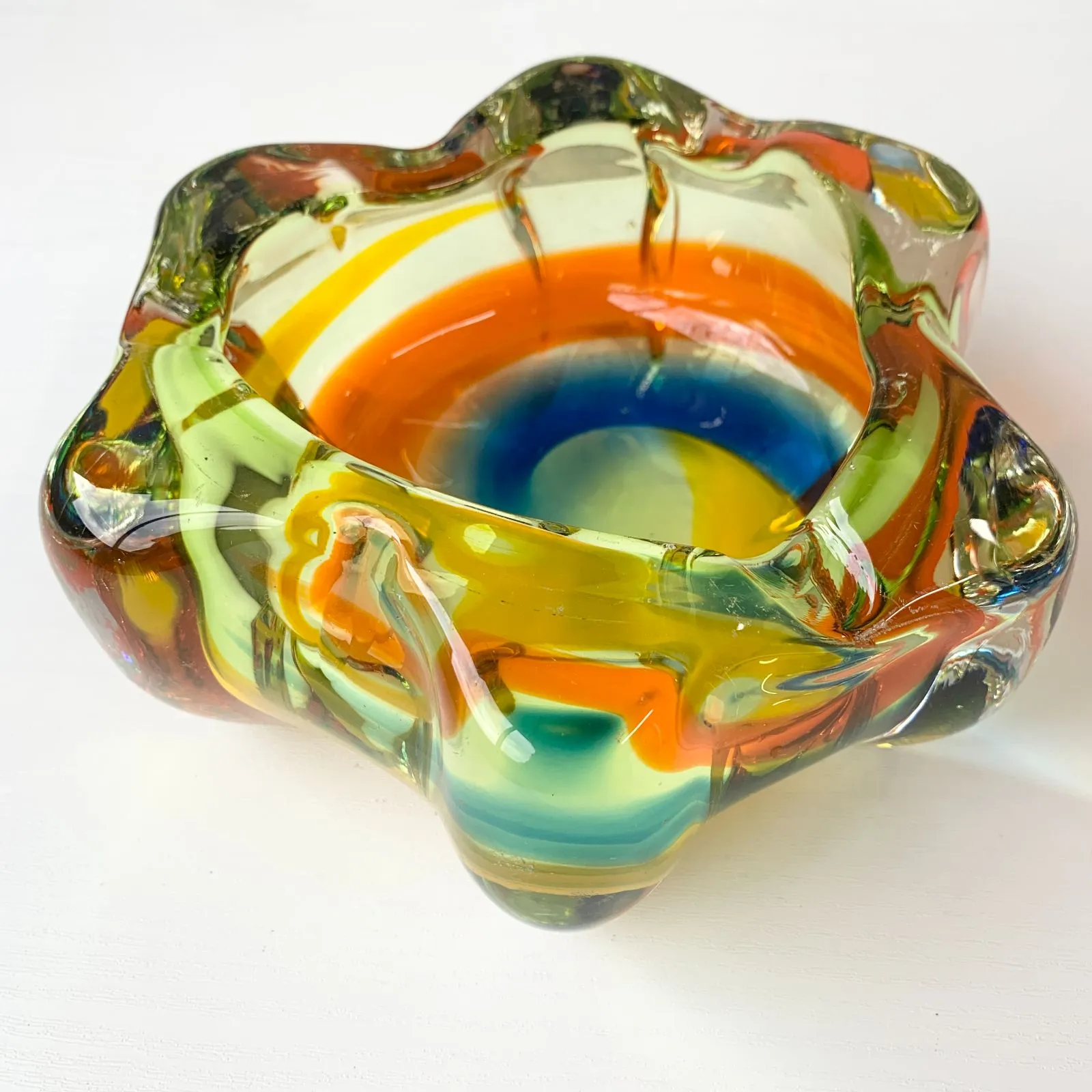 マルティグラス　灰皿　レトロ　オレンジ花柄　グリーン マルティグラス 灰皿 レトロ オレンジ花柄 グリーン