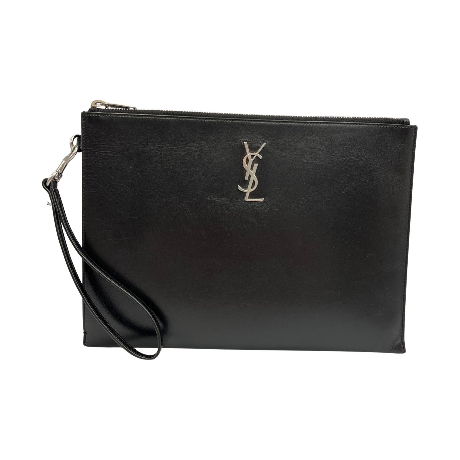サンローラン SAINT LAURENT クラッチバッグ ロゴ モノグラム レザー ブラック メンズ