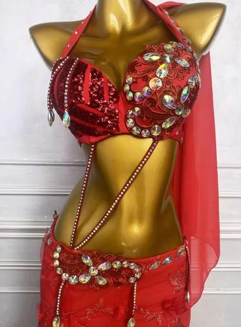 ファッションを楽しむ ベリーダンス オリエンタル衣装 レース レッド ブラスカート オーダーメイド