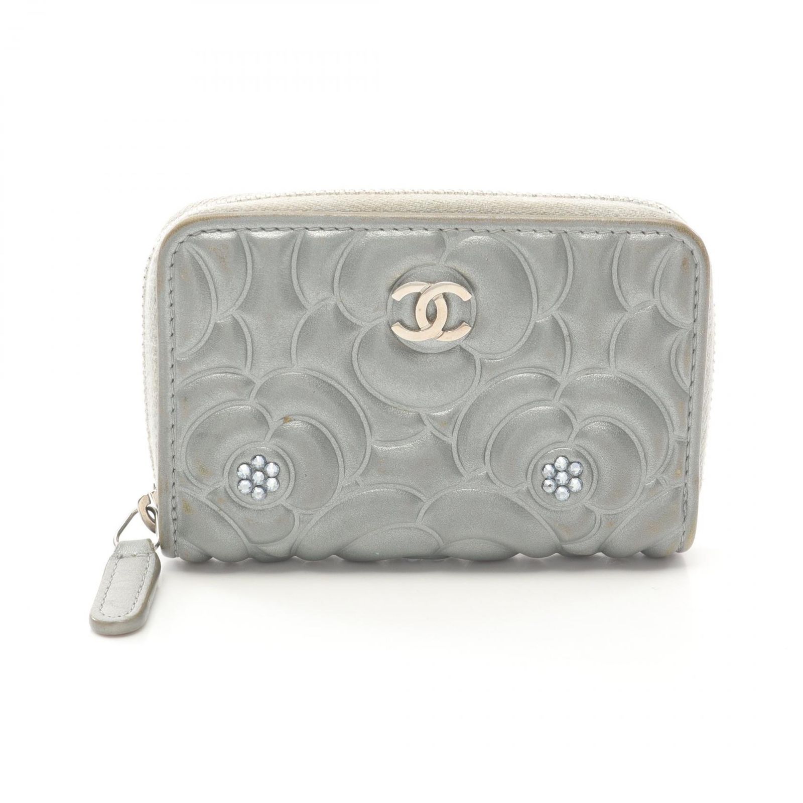 シャネル CHANEL コインケース カメリア A82551 シルバー ラムスキン 羊革 コインケース レディース Used B