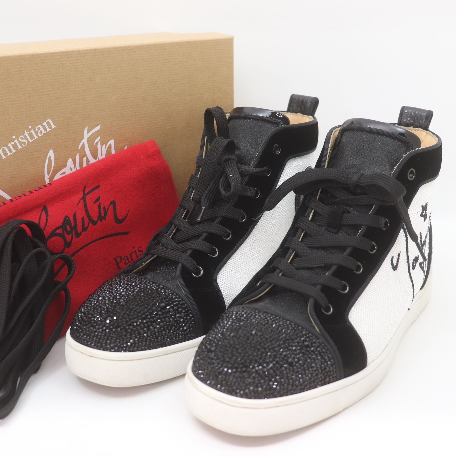 IT9N5JDZHKS9 Christian Louboutin クリスチャンルブタン スニーカー ハイカットシューズ ブラック パイソン ホワイト  スパンコール スワロフスキー スエード サイズ 42 - メルカリ