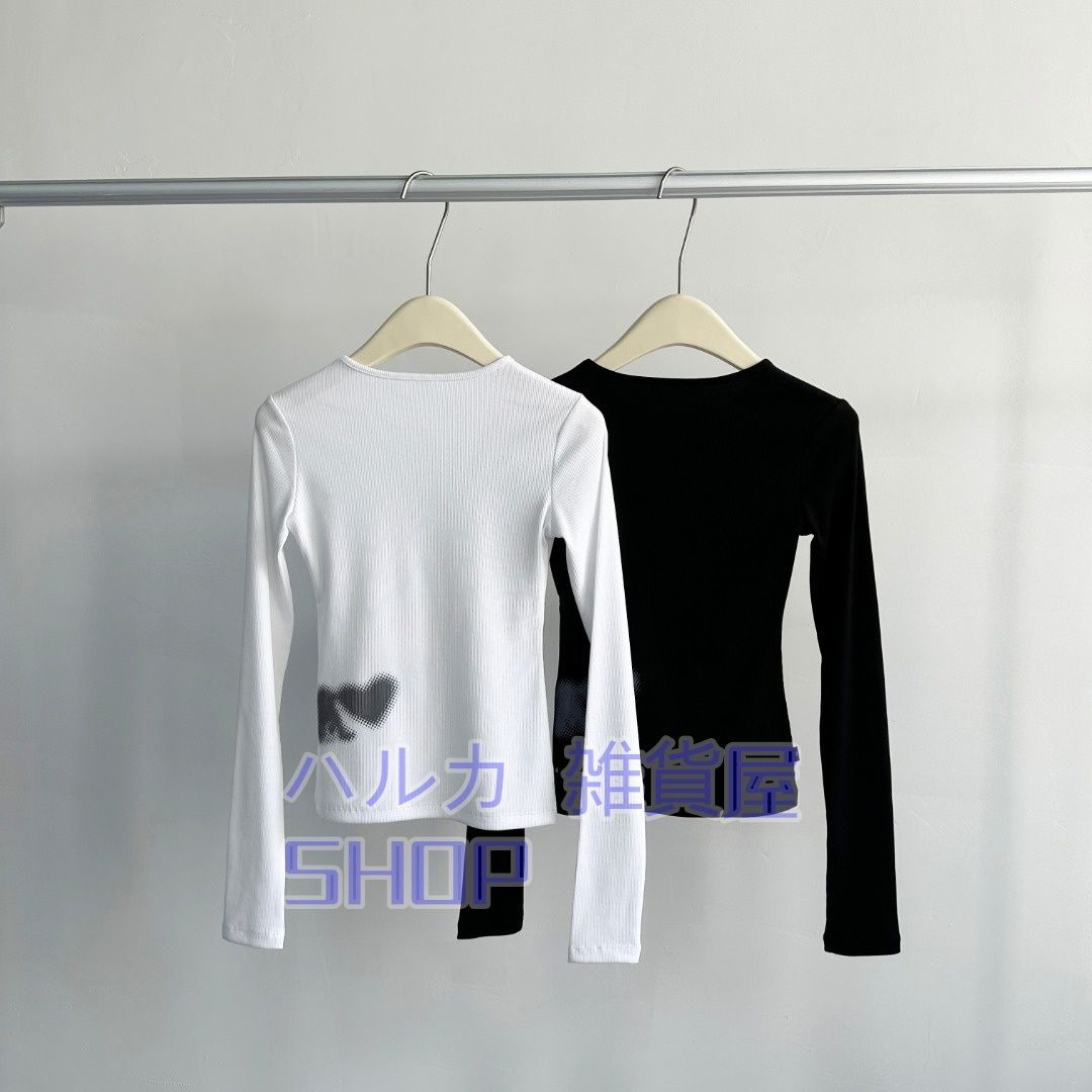 Open Yy ブラック プリント入り 長袖Tシャツ