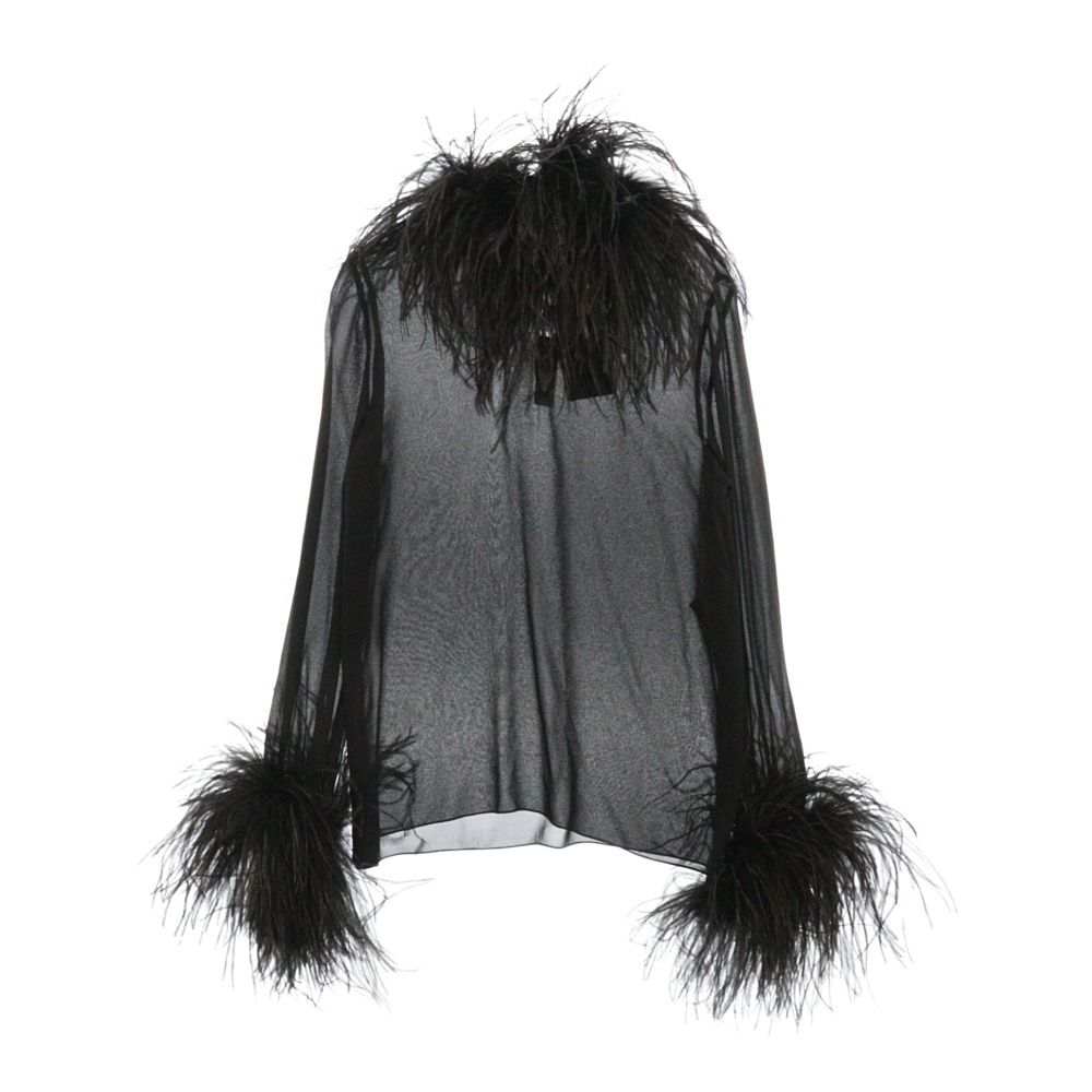 SAINT LAURENT - SAINT LAURENT PARIS サンローランパリ フェザーデザイン シルク シースルー トップス ブラック レディース 518566 Y059R SAINT LAURENT PARIS (サンローランパリ) フェザーデザイン
