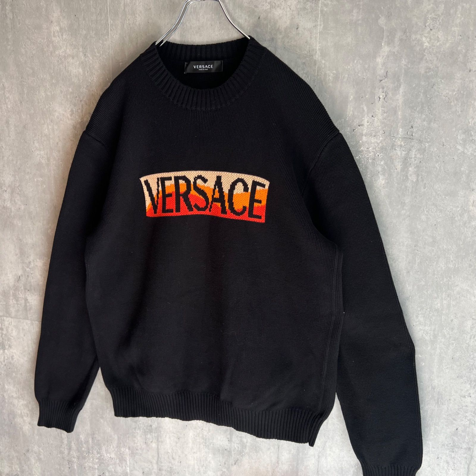 VERSACE ヴェルサーチ コットン クルーネックニットセーター ブラック ボックスロゴ イタリア製 52サイズ QR真贋済み
