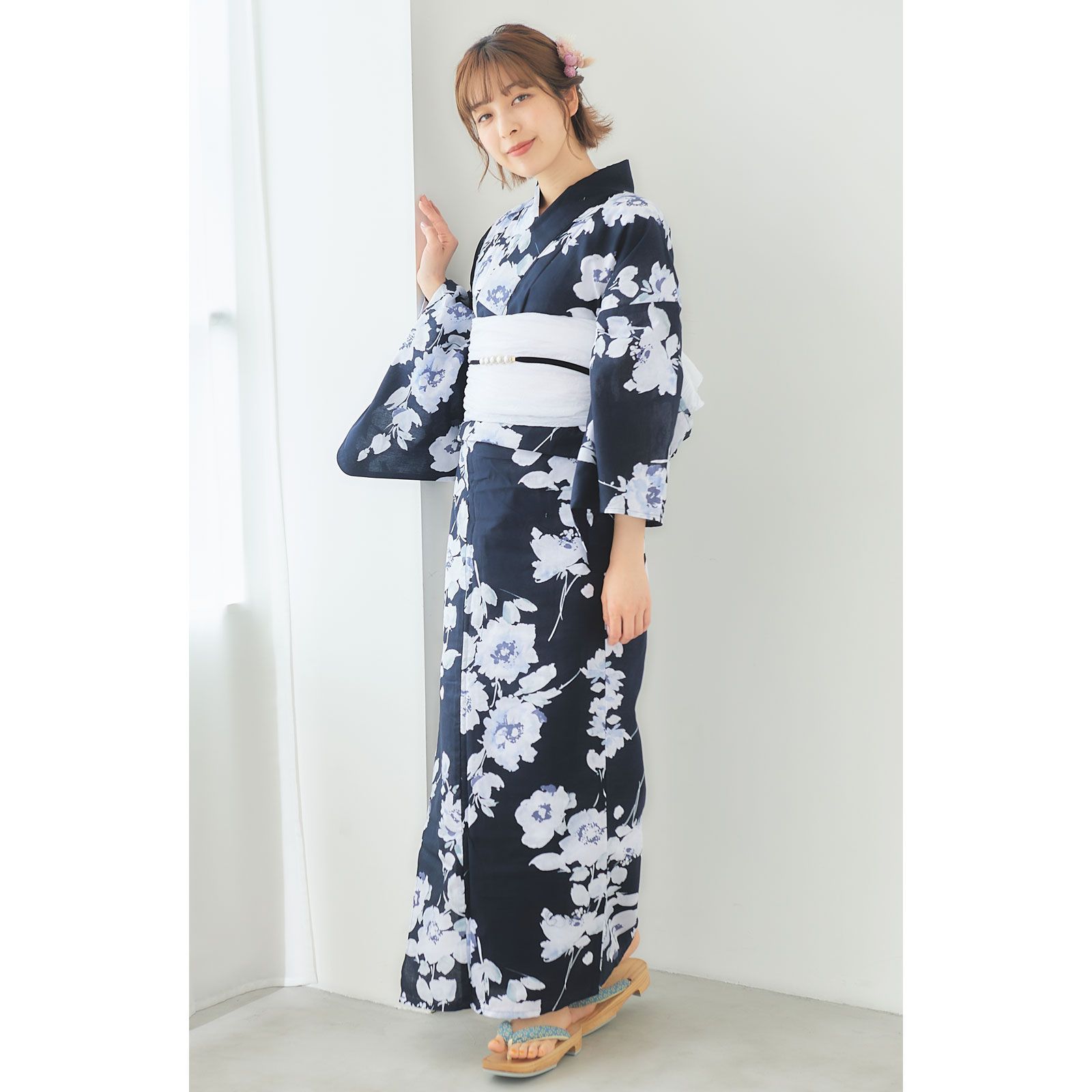 浴衣 レディース 3点セット (ゆかた/帯/下駄) 変わり織り【闇夜に